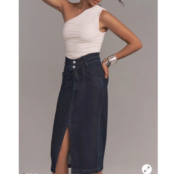 Anthropologie Pilcro The Arden Double-Waist Denim Midi Skirt Dark Wash Size 4 - Picture 3 of 10